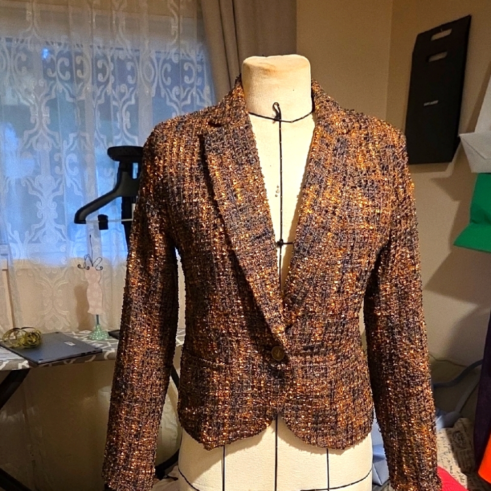 Womens Textured Tweed Blazer Jacket in Brown